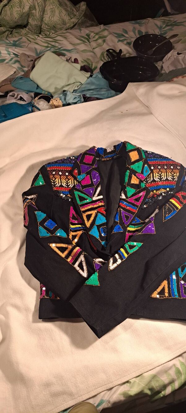 Vintage 80s MODI Sequin Beaded Jacket Size 8-10 Black Multicolor Geometric Cropp - Picture 2 of 8